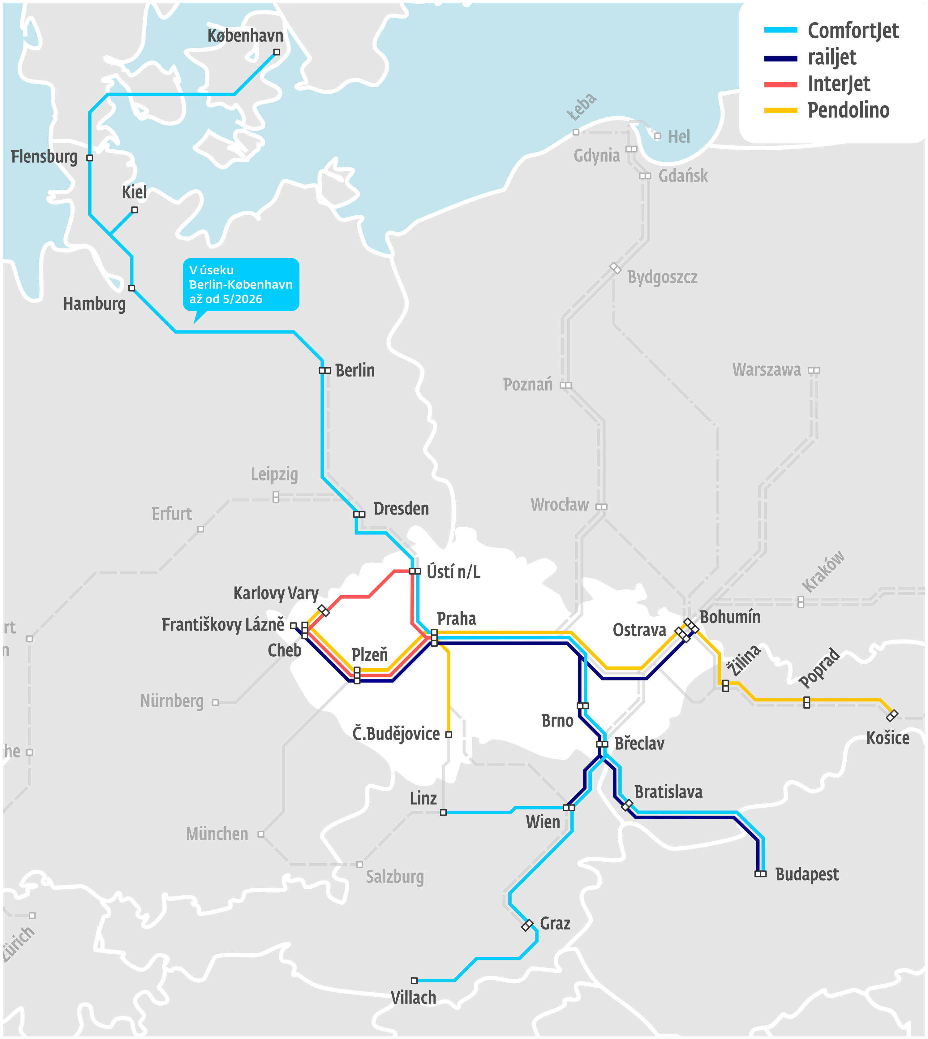 Mapa dálkových spojení 